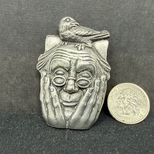 Carruth 1995 Pewter Face Brooch Pin w/ Bird Signed Vintage